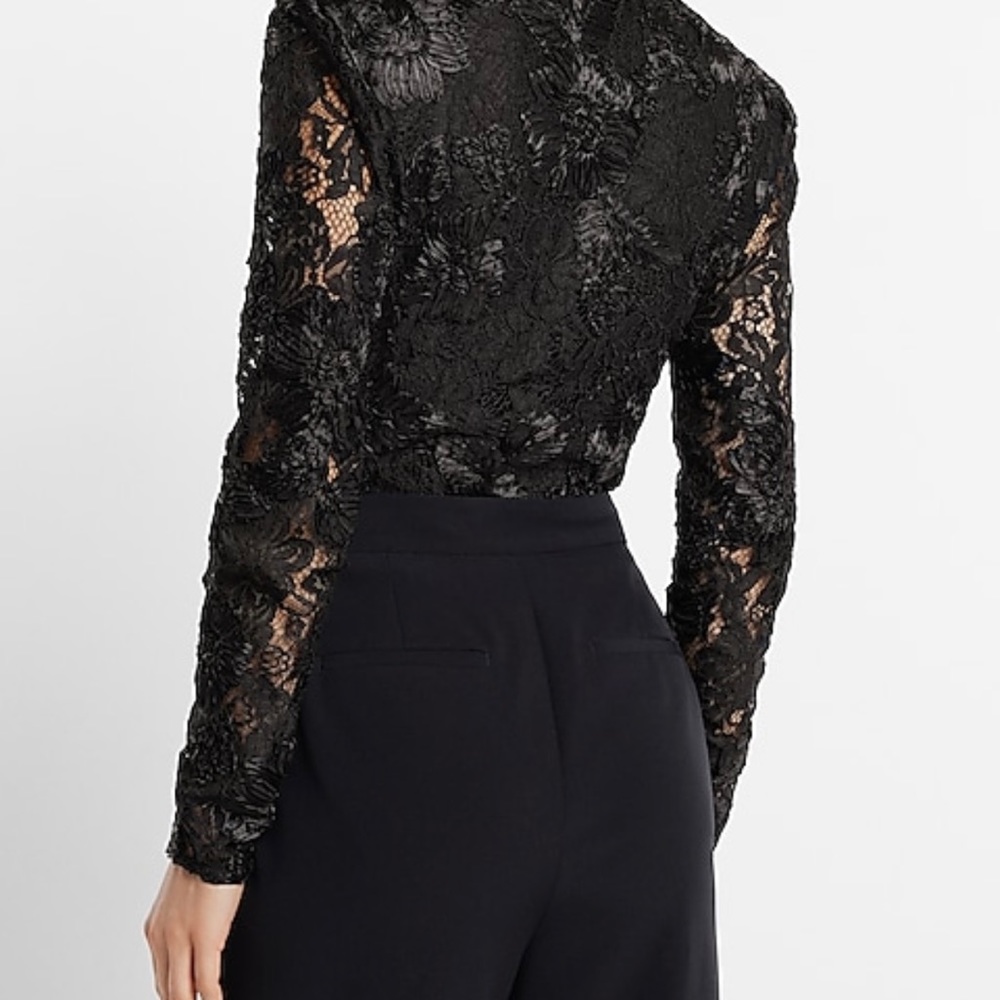 Woman express black Lace Embroidered V-neck Long sleeve thong bodysuit small - Picture 2 of 5